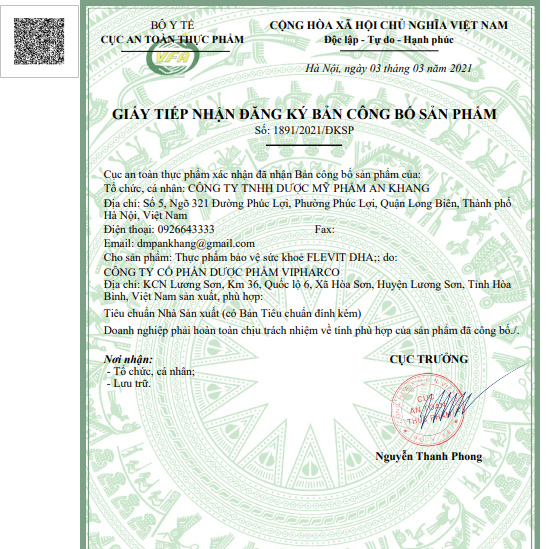 Giấy công bố sản phẩm FLEVIT DHA