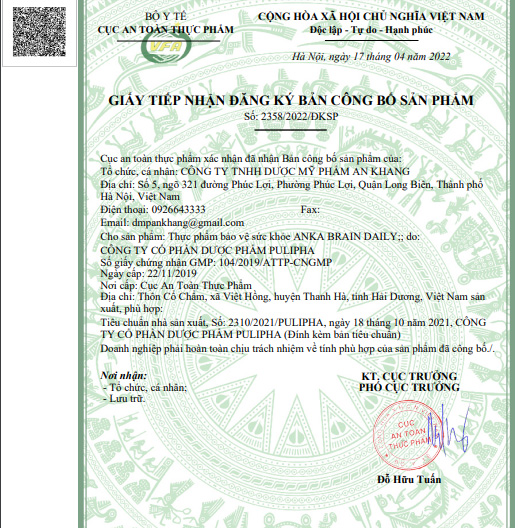 Giấy công bố sản phẩm Anka Brain Daily